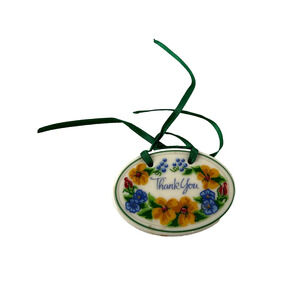 Longaberger Thank You Ceramic Pottery Oval Tie-On w/Green Ribbon